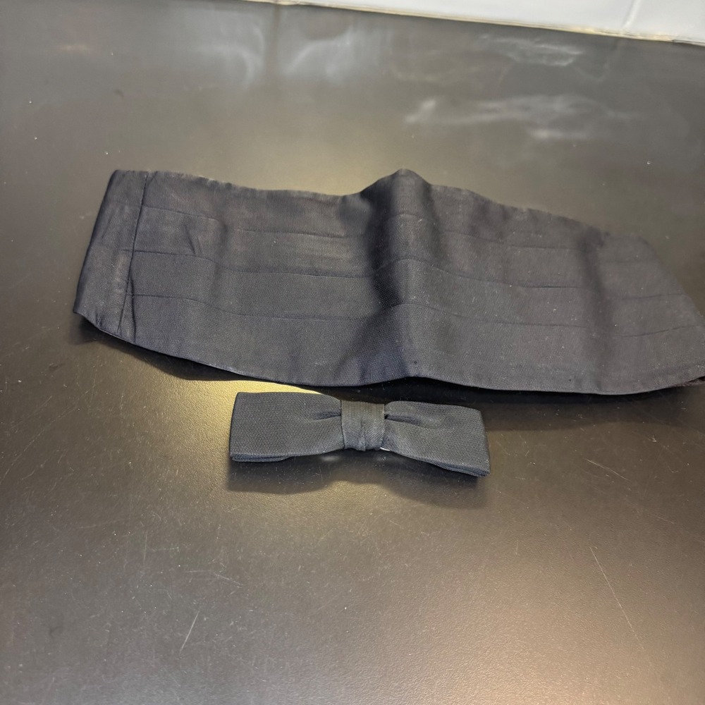 Vintage Cummerbund Bow Tie Set Mens Adj Black Formal Tuxedo Ribbed Texture